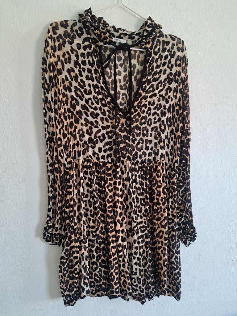 Ganni Leopard Print zwierig kort jurkje - Maat S, Maat 38/40 (M), Overige kleuren, Ganni, Ophalen of Verzenden