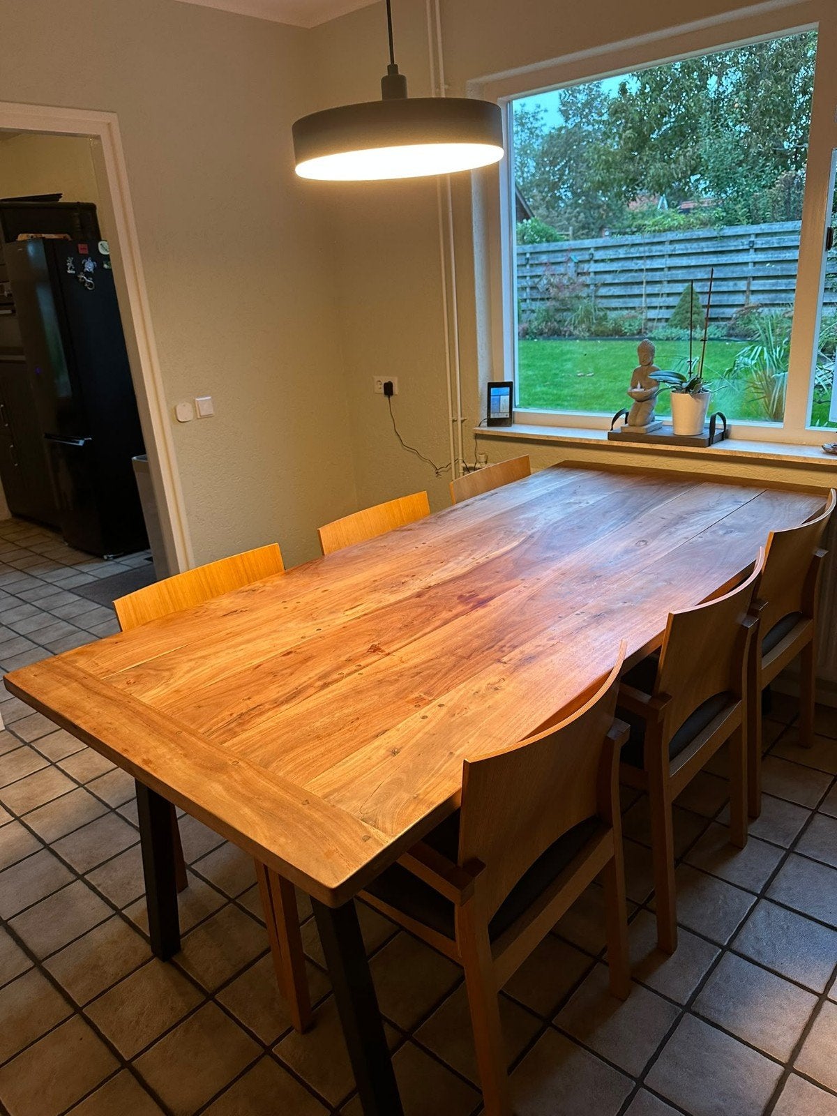Massief teakhouten eettafel met 6 stoelen, Ophalen, Gebruikt, 100 tot 150 cm, 200 cm of meer