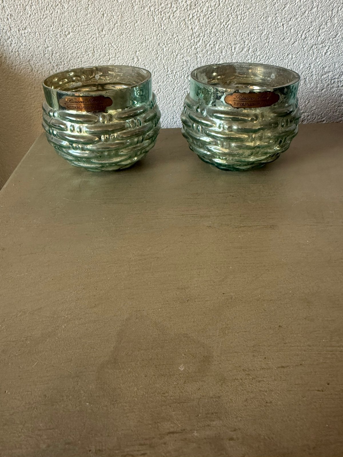 2X Rivièra Maison zilverkleurige/groenige waxinehouders, Ophalen of Verzenden, Zo goed als nieuw, Overige materialen