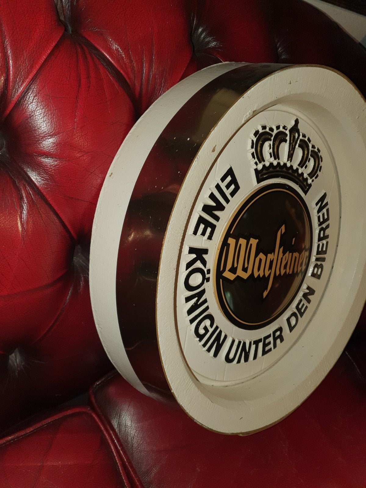 Reclamebord, fustdeksel Warsteiner, Verzamelen, Biermerken, Verzenden, Gebruikt, Reclamebord, Plaat of Schild, Overige merken