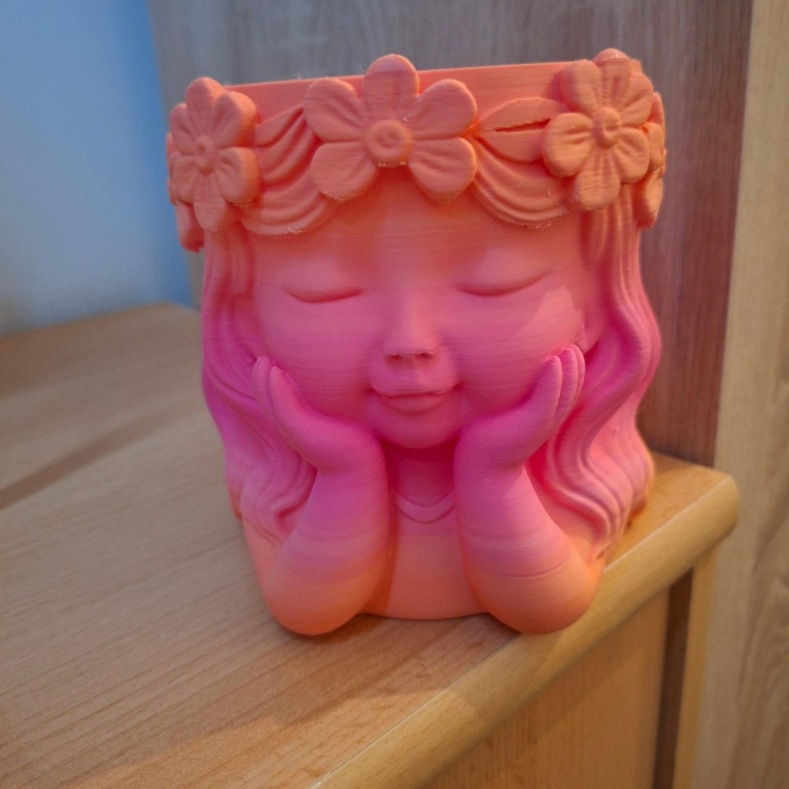 3D Geprinte Bloempot Meisje - Roze/Oranje Decoratie, Kunststof, Ophalen of Verzenden, Overige vormen, Binnen