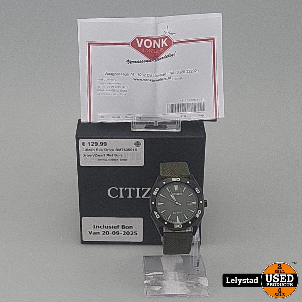 Citizen Eco Drive BM763501X Groen/Zwart Met Bon, Sieraden, Tassen en Uiterlijk, Horloges | Heren, Gebruikt
