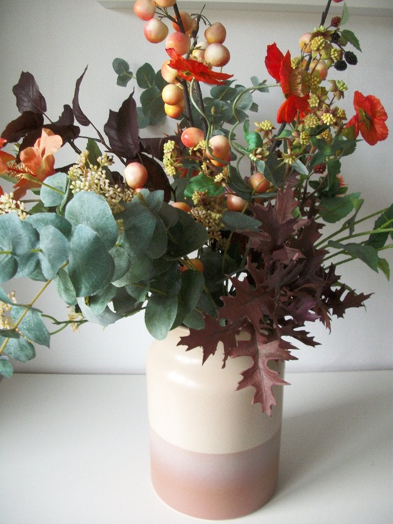 Vaas met Kunstbloemen Boeket in Oranje - 75 cm hoog - zgan, Binnen, 75 cm, Ophalen of Verzenden, Boeket