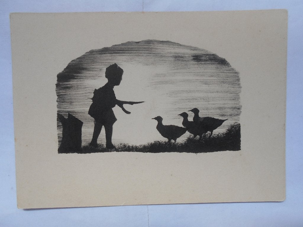 Oude Silhouet Ansichtkaarten Jongen met Ganzen Haas en Kraai, Ophalen of Verzenden, Voor 1920, Ongelopen, Natuur