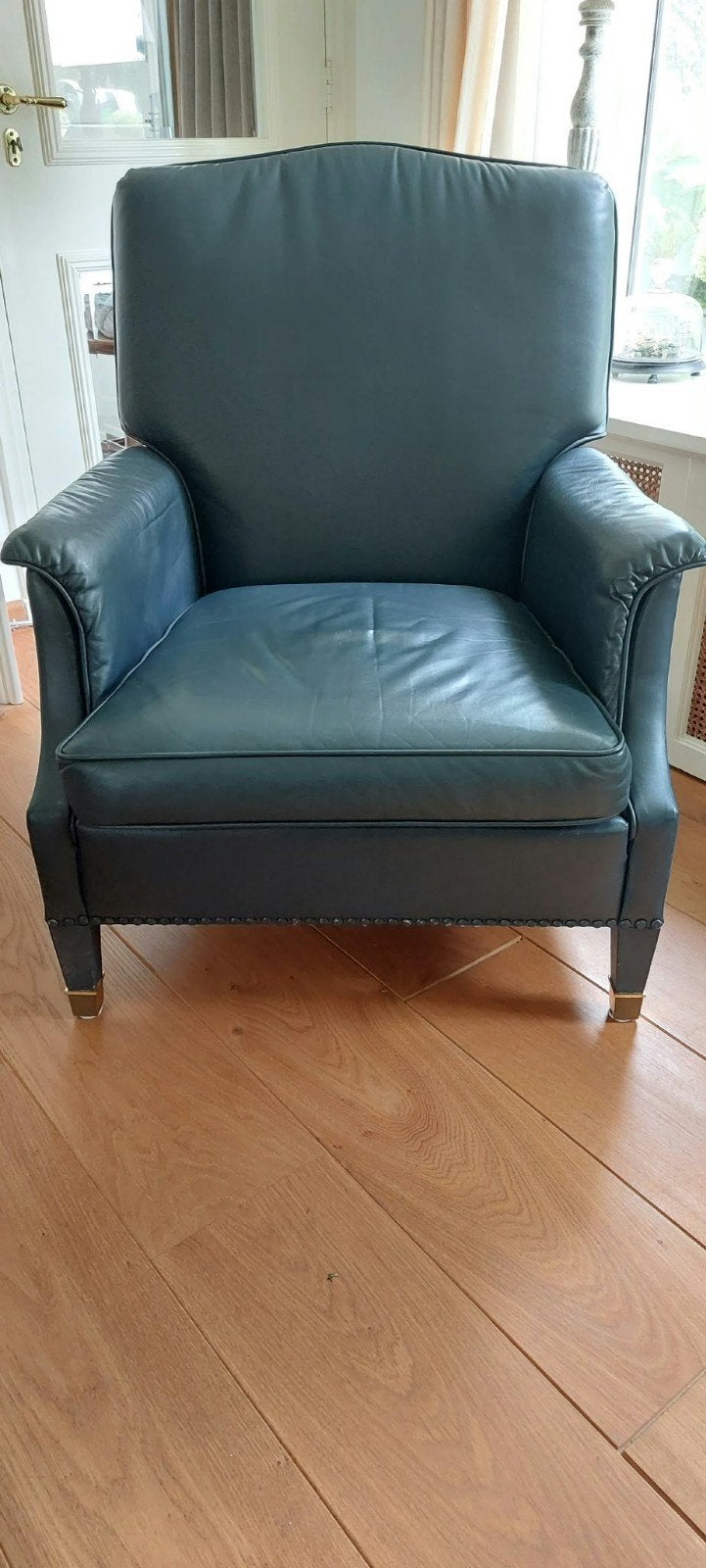 Leren fauteuil - blauwgrijs - Klassiek, Huis en Inrichting, Ophalen, Klassiek, 75 tot 100 cm, Zo goed als nieuw