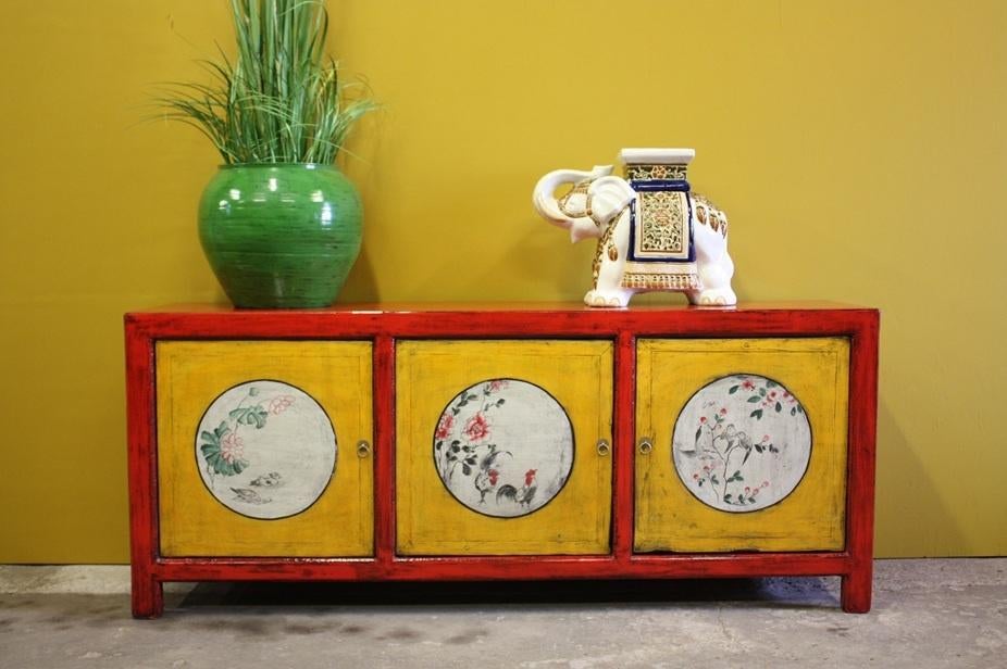 Chinees Dressoir Unieke Kleurrijke Beschilderde Houten Kast, Met deur(en), 150 tot 200 cm, Nieuw, Ophalen of Verzenden