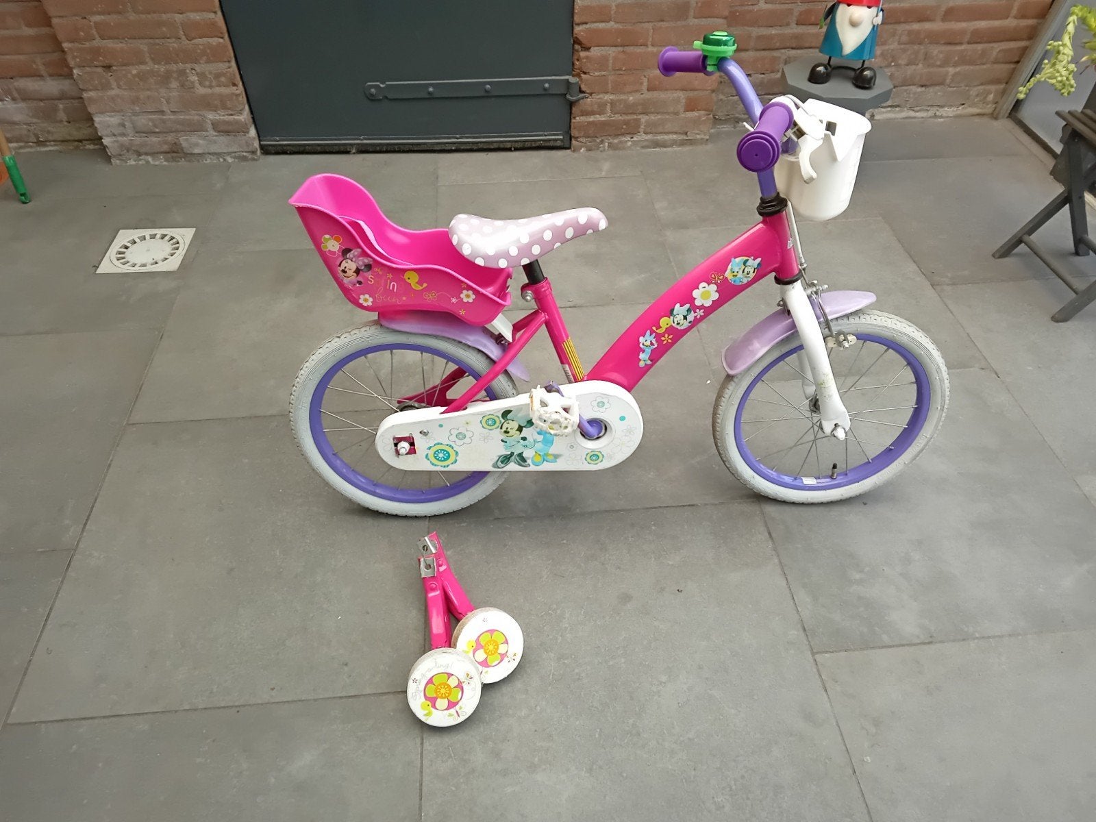 Meisjesfiets 16 inch zijwieltjes+mandje+poppenzitje, achter, Ophalen, Terugtraprem, Zijwieltjes, 16 tot 20 inch