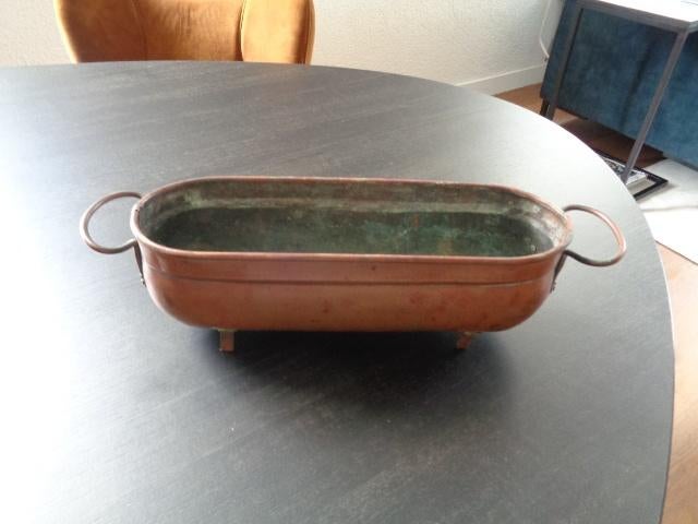 Koperen jardinière / bloempot met handvatten (41 cm lang)., Antiek en Kunst, Ophalen of Verzenden