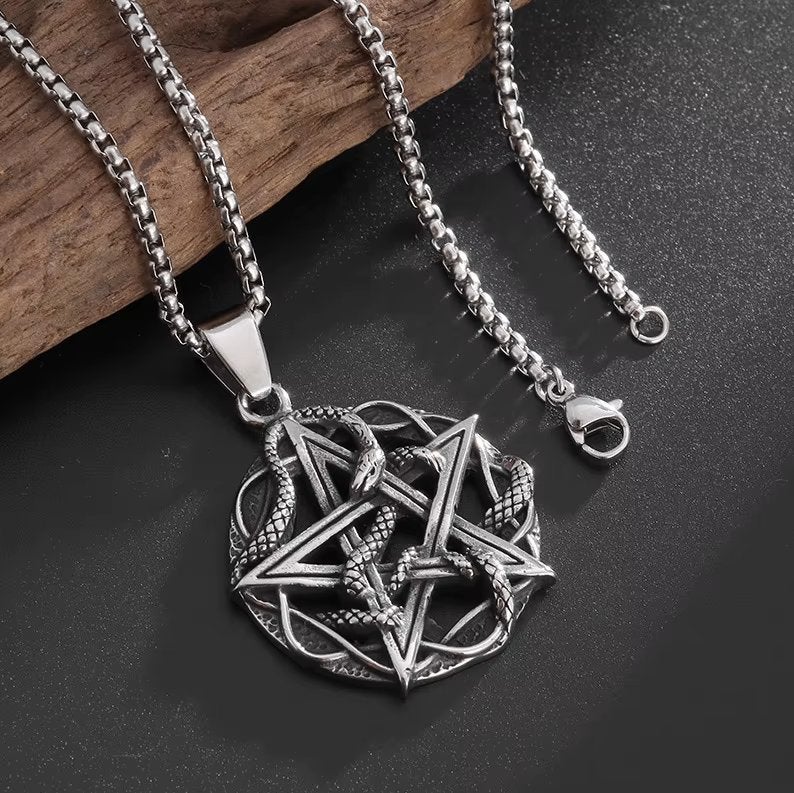 Roestvrij Stalen Pentagram Met Slang Ketting Heren en Dames, Verzenden, Nieuw, Zilver, Overige materialen