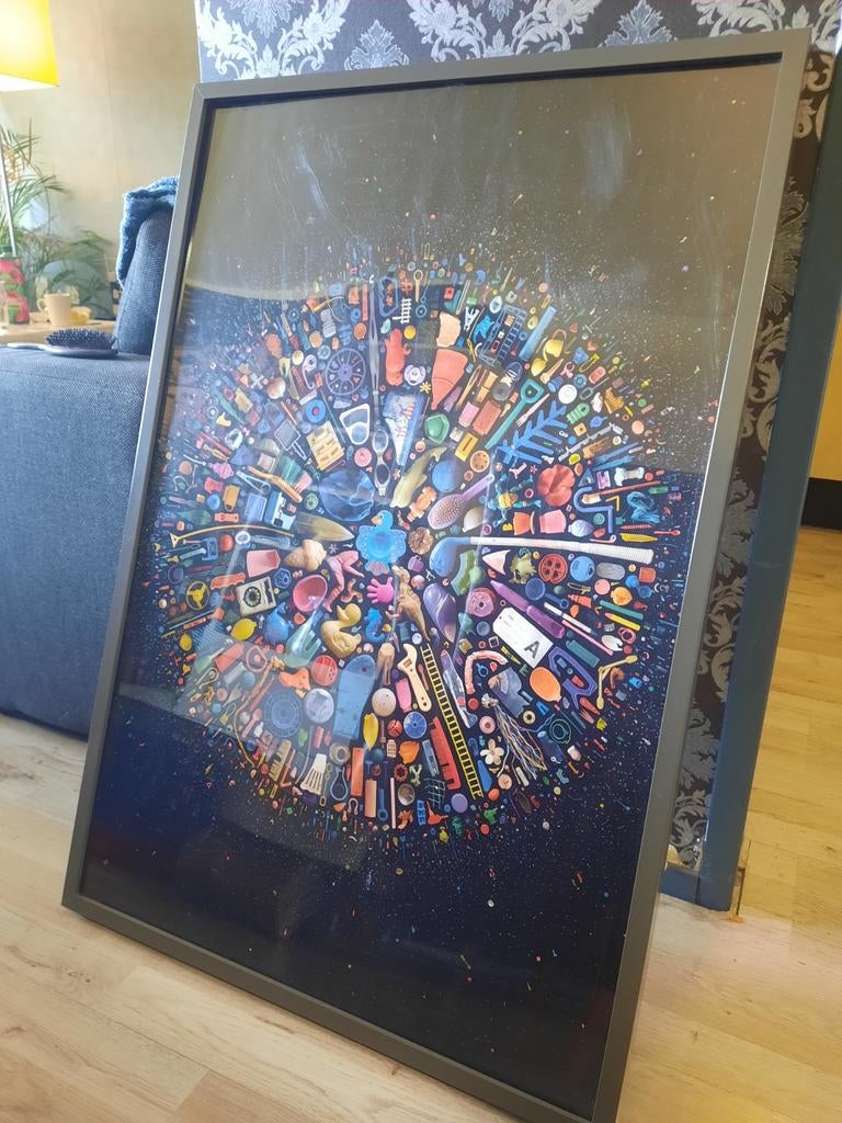 Grote ingelijste print met veel kleuren, Ophalen