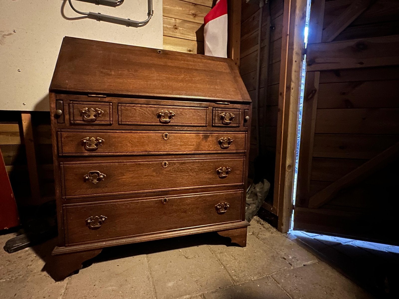 Antiek Eiken secretaire bureau met Leren Inleg, Ophalen