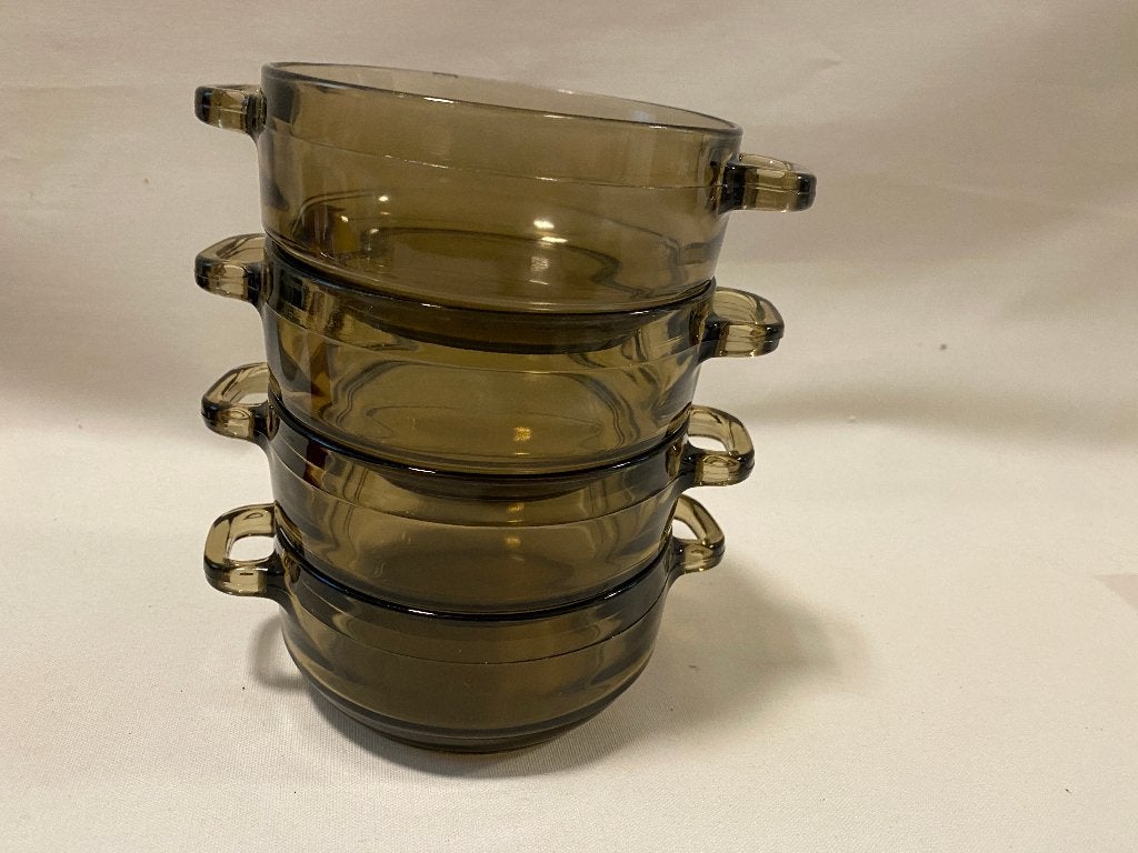Retro Set van 4 Arcoroc Soepkommen Snackschaaltjes met oor, Huis en Inrichting, Gebruikt, Ophalen of Verzenden, Glas, Kom(men)