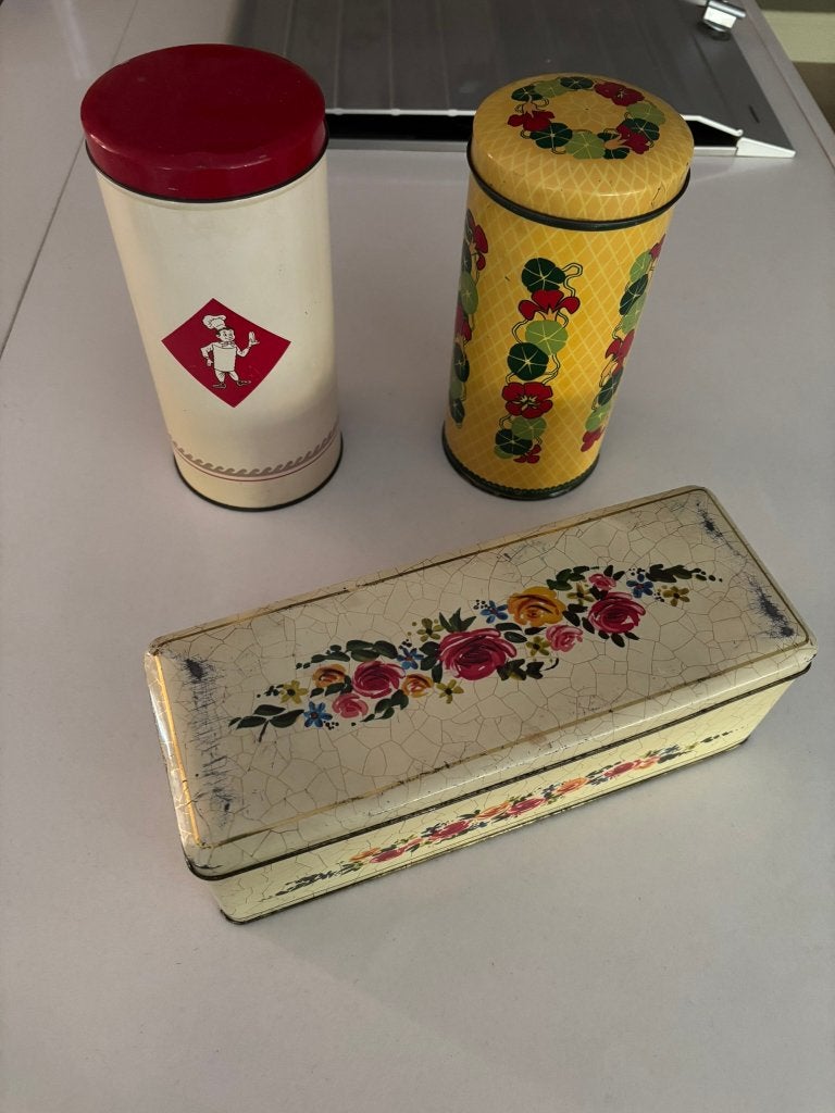 Vintage blikken bussen en doos - verkade bolletje!, Ophalen of Verzenden, Gebruikt, Overige, Verkade