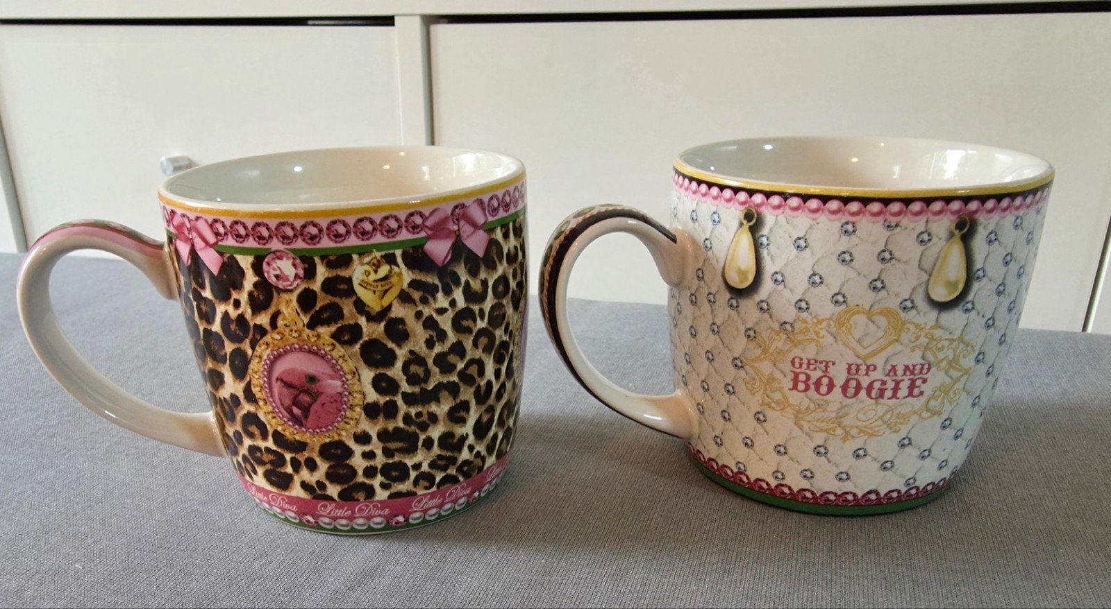 Little Diva mokken - set van 2 - panterprint en wit, Ophalen of Verzenden, Steen/keramiek, Meerkleurig, Overige merken