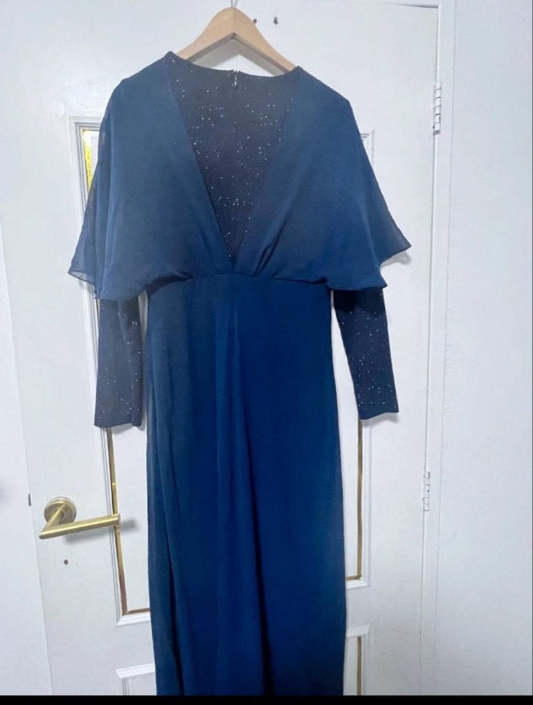 Donkerblauwe avondjurk met glitters - Rita, Blauw, Maat 42/44 (L), Ophalen of Verzenden, Onder de knie