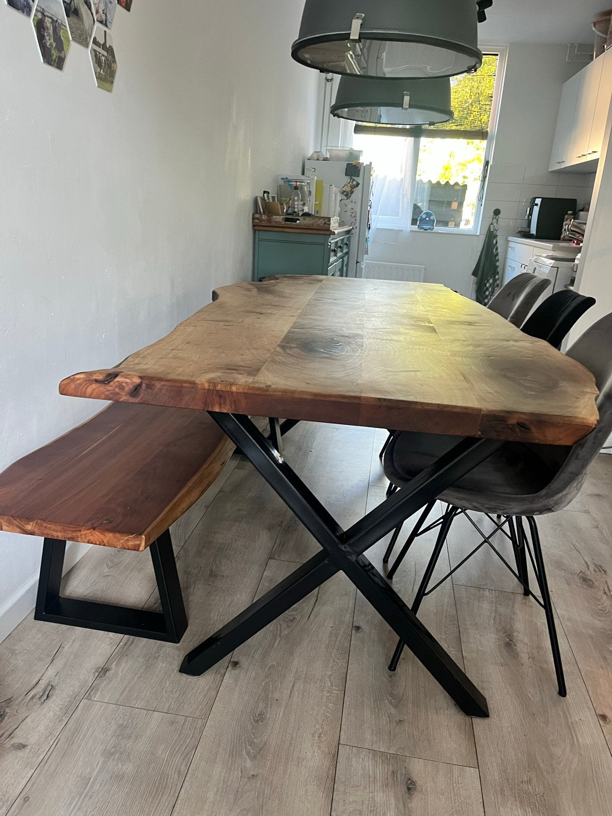 houten boomblad eettafel met bankje, Huis en Inrichting, Ophalen, Gebruikt, 200 cm of meer, 50 tot 100 cm