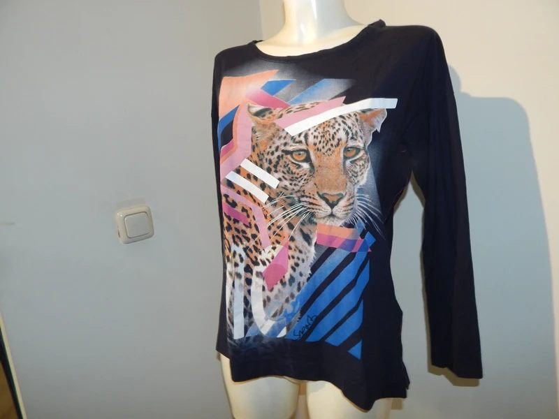 Marccain donker shirt kleurrijke print met panter mt N3/M, Kleding | Dames, Maat 38/40 (M), Overige kleuren, Verzenden, Zo goed als nieuw