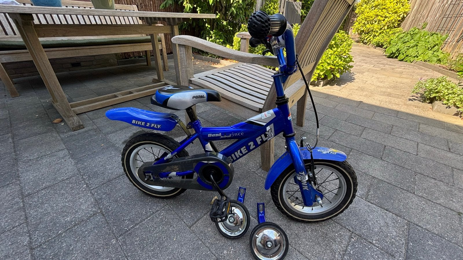 Kinderfiets , 12,5 inch wielen - Blauw met zijwieltjes, Fietsen en Brommers, Fietsen | Kinderfietsjes, Ophalen of Verzenden, Gebruikt