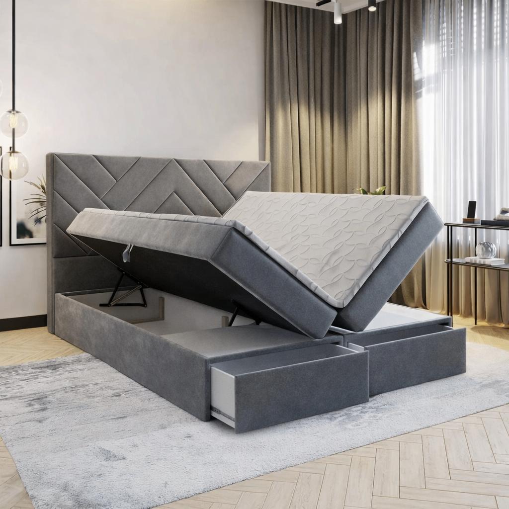 OP=OP Opberg Boxspring met Lade 140 x 200 Velvet Antraciet, Delux, 200 cm, Grijs, Nieuw