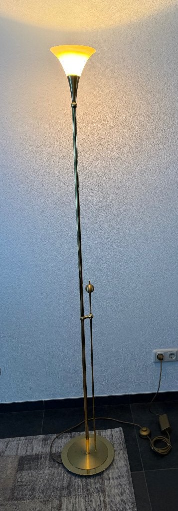 Staande hallogeen dimbare messing lamp, Huis en Inrichting, Ophalen, Klassiek strak, Zo goed als nieuw, Metaal