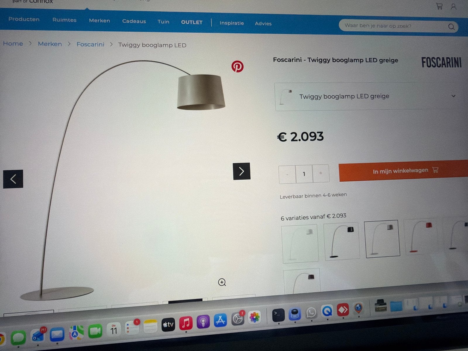 Foscarini Twiggy Booglamp LED Greige - Nieuwstaat, Ophalen of Verzenden, Nieuw, Kunststof, 200 cm of meer