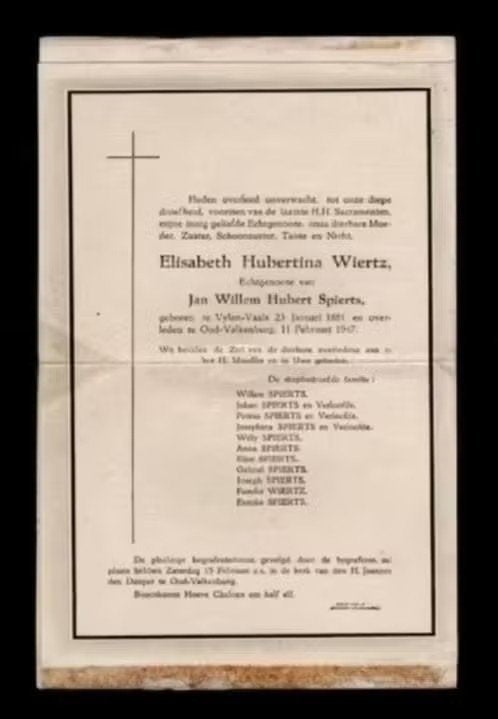 Rouwbrief Wiertz Spiertz Vylen Vaals Oud-Valkenburg 1947., Ophalen of Verzenden, Rouwkaart
