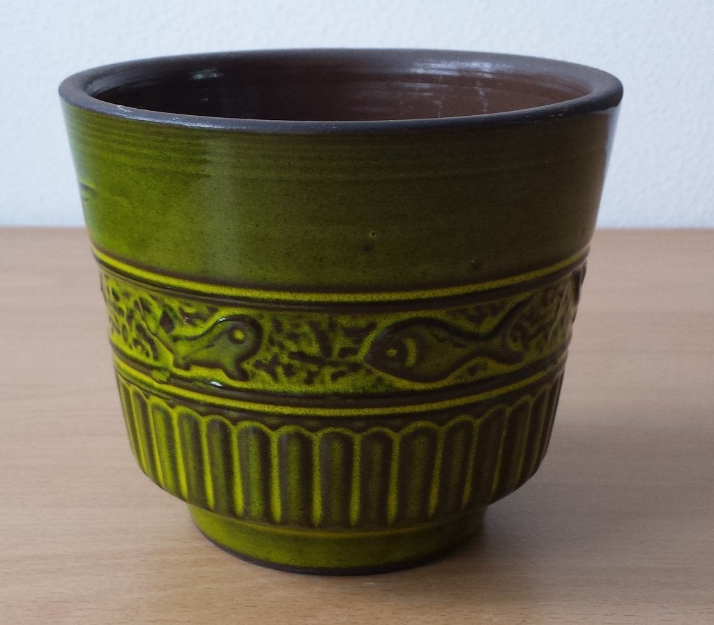 Kleine Groene Bloempot met Visjes - jaren 70, Gebruikt, Rond, Binnen, Ophalen of Verzenden