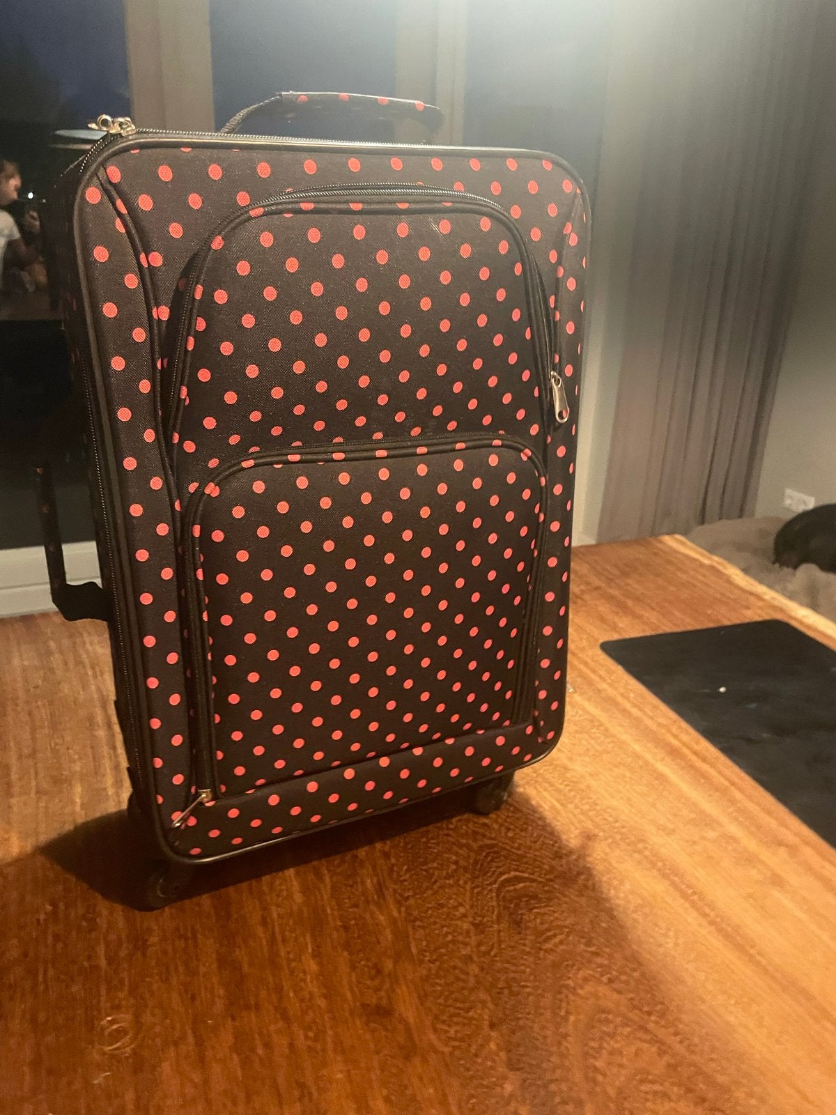 Ruime koffer met stippenpatroon, 60 tot 70 cm, Gebruikt, Ophalen of Verzenden, Zacht kunststof