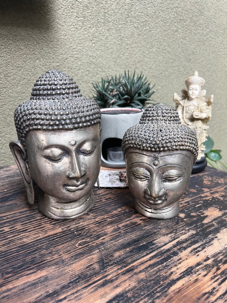 Boeddha hoofd set brons verzilverd Buddha, Verburgt Vintage, Metaal, Massief, Ophalen of Verzenden