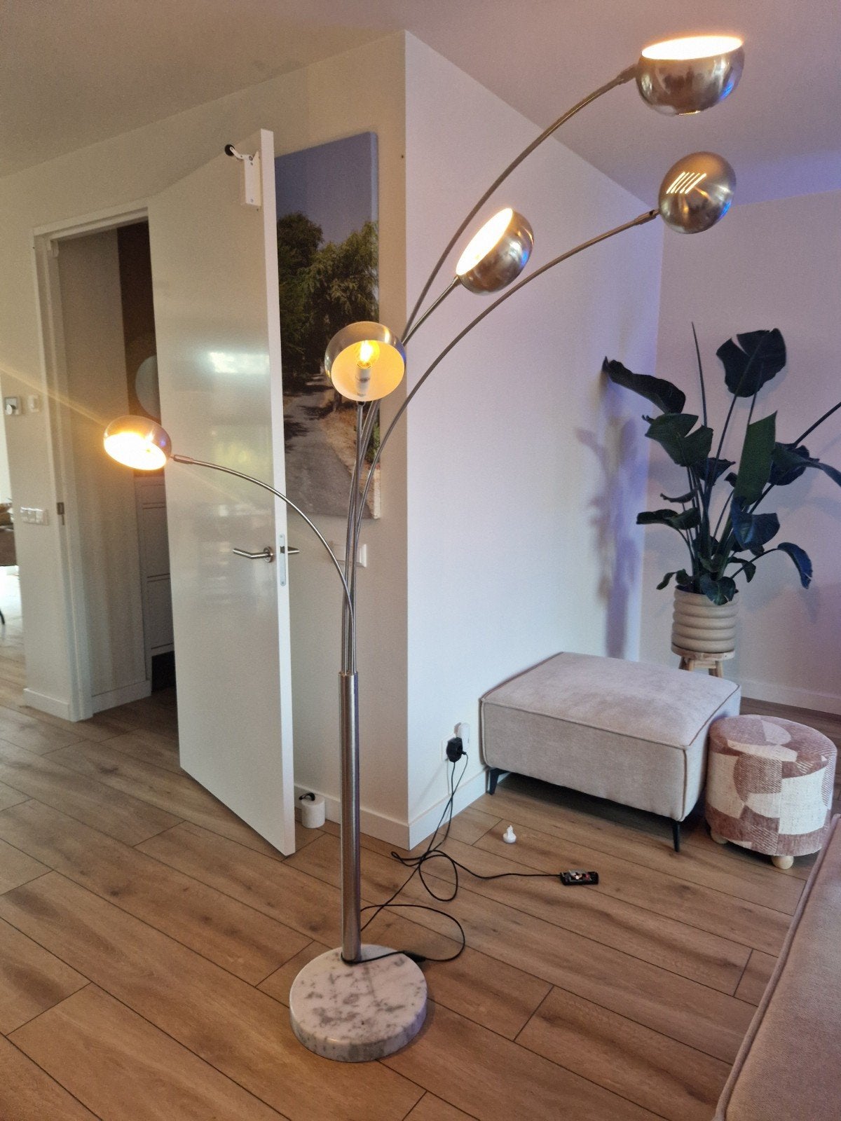 Moderne booglamp met 5 lichtpunten en marmeren voet, Ophalen, E14 (klein), Zo goed als nieuw, Modern