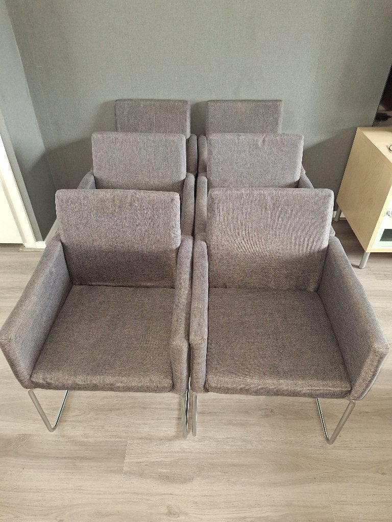 6x Comfortabele eetkamerstoelen - Grijs stof met chroom, Ophalen, Gebruikt, Vijf, Zes of meer stoelen, Stof