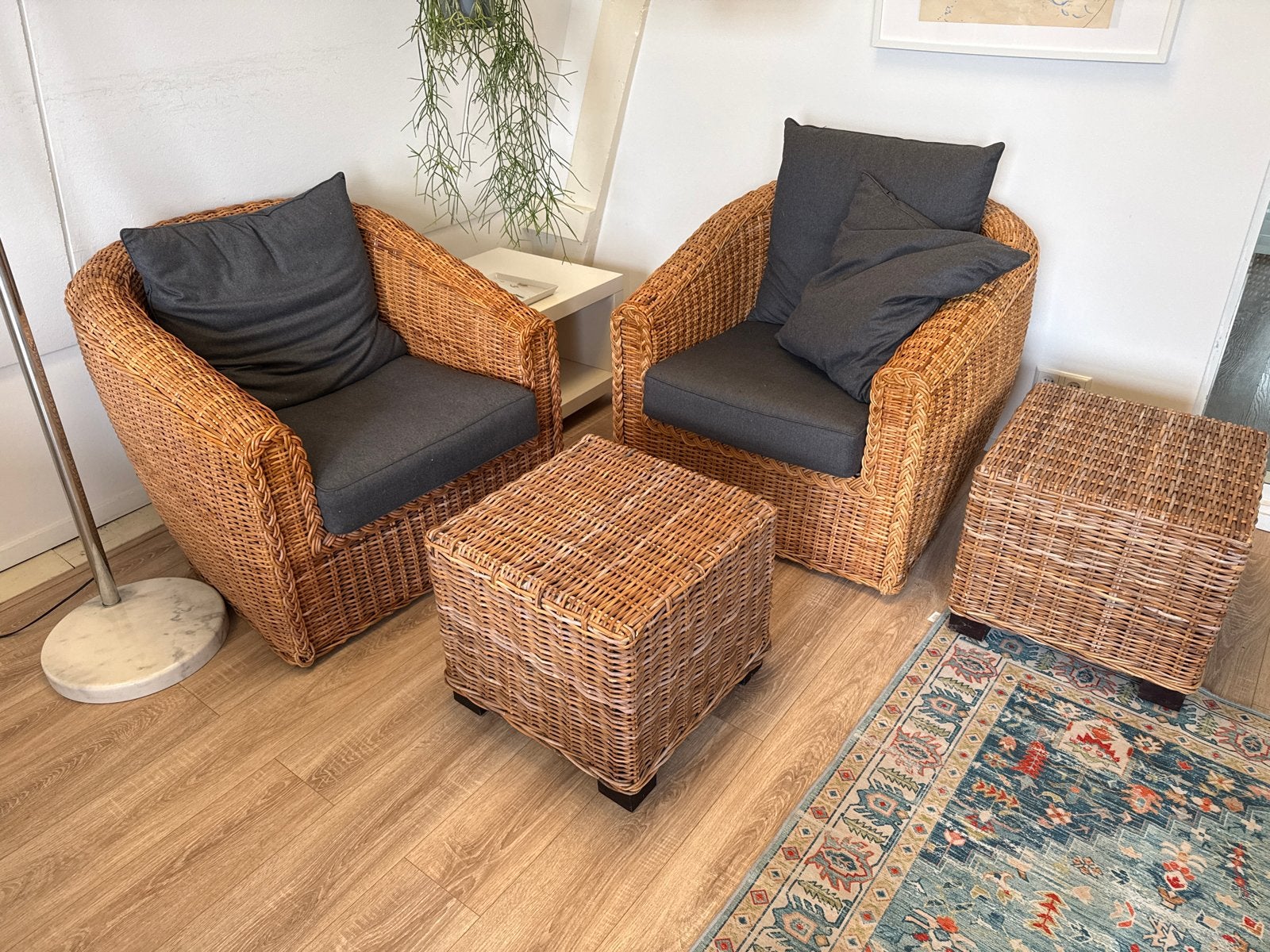 2x Rohan fauteuil Gunther Lambert + 3 kussens + 2 poefs, Ophalen, Zo goed als nieuw, Riet of Rotan, 75 tot 100 cm