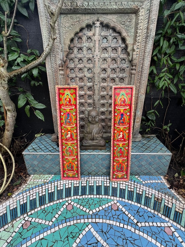 Tibetaans handbeschilderd Thangka paneel boeddha Tibet hout, Verburgt Vintage, Oosters, 91 cm, Hout