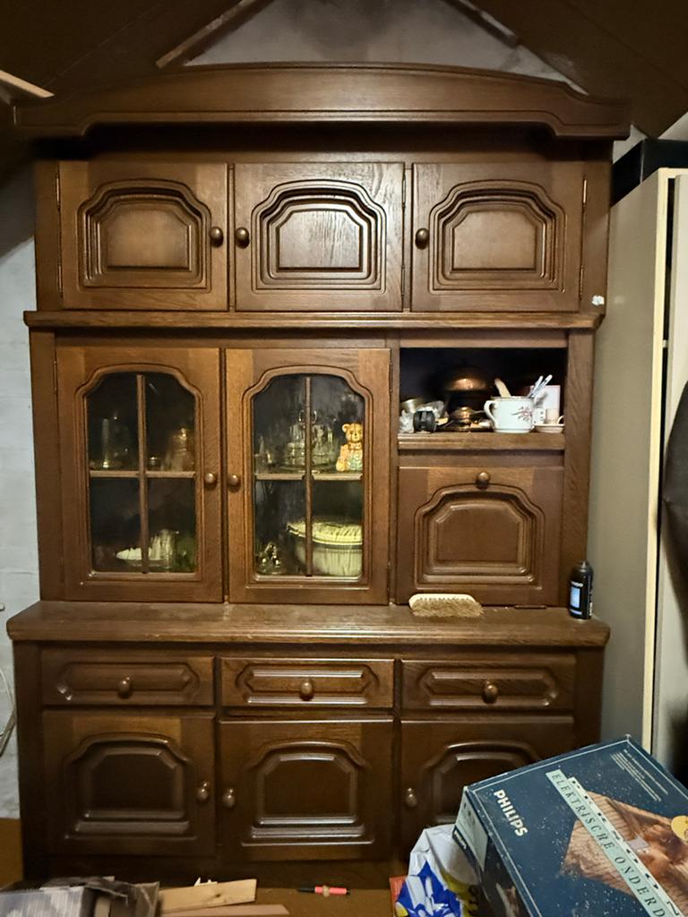 Massief eiken dressoir met vitrinekast - 145x200x55 cm, Huis en Inrichting, Kasten | Buffetkasten, Ophalen, Gebruikt, 100 tot 150 cm