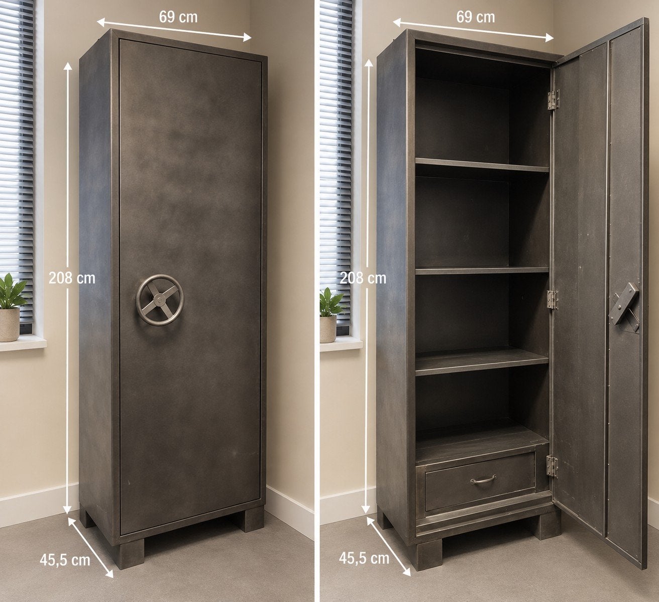 Industriële metalen kast met lade en planken, Huis en Inrichting, Ophalen, Gebruikt, 200 cm of meer, 50 tot 100 cm