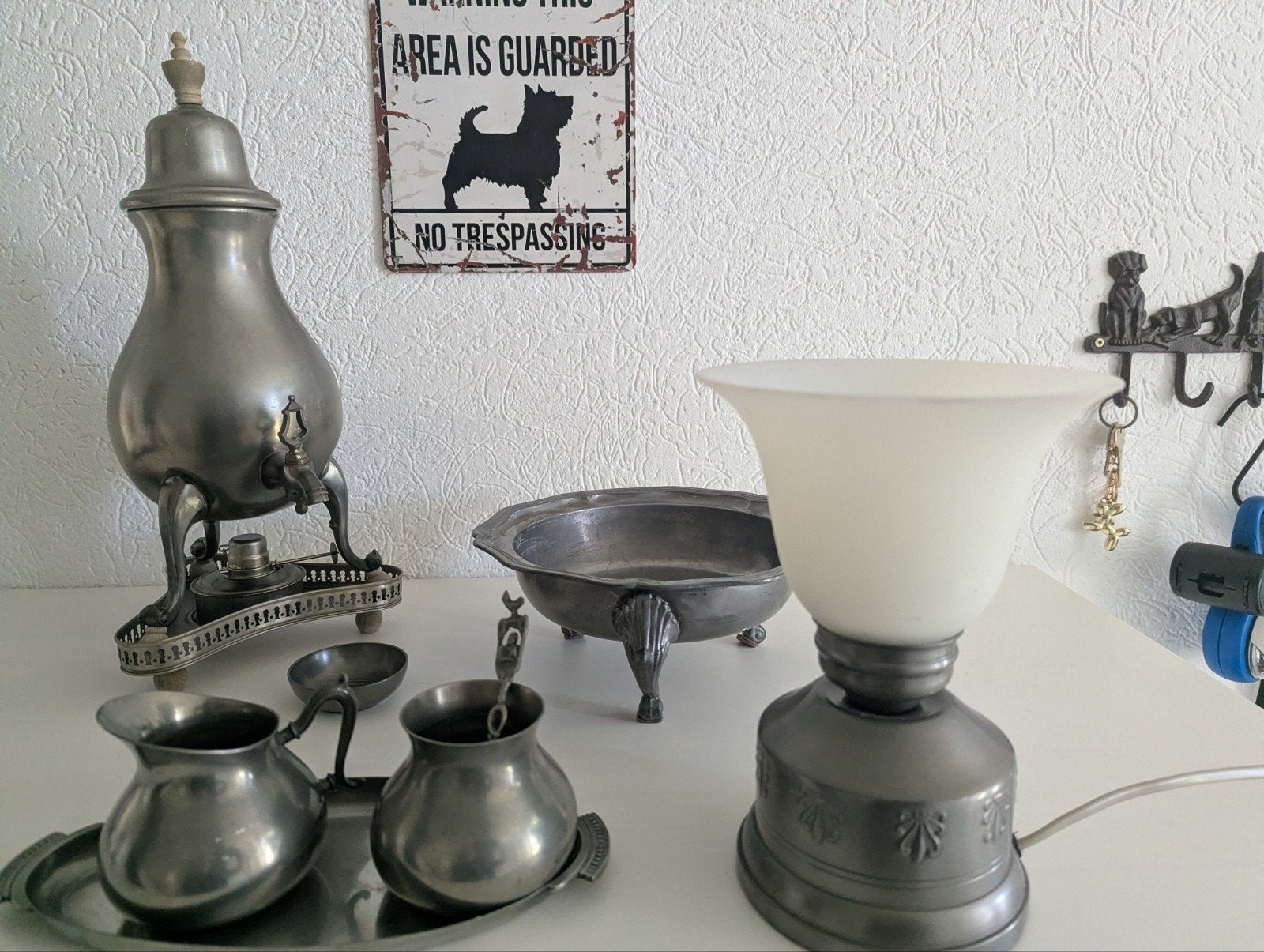 Antiek tinnen theeservies en lamp, Antiek en Kunst, Ophalen of Verzenden