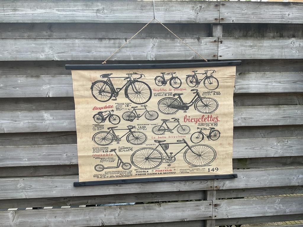 Stoer linnen wanddoek met fietsenprint, Ophalen, Gebruikt