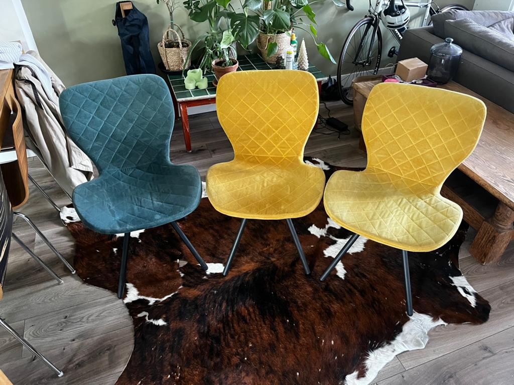 Eetkamerstoelen geel groen, Ophalen of Verzenden, Gebruikt, Overige kleuren, Drie