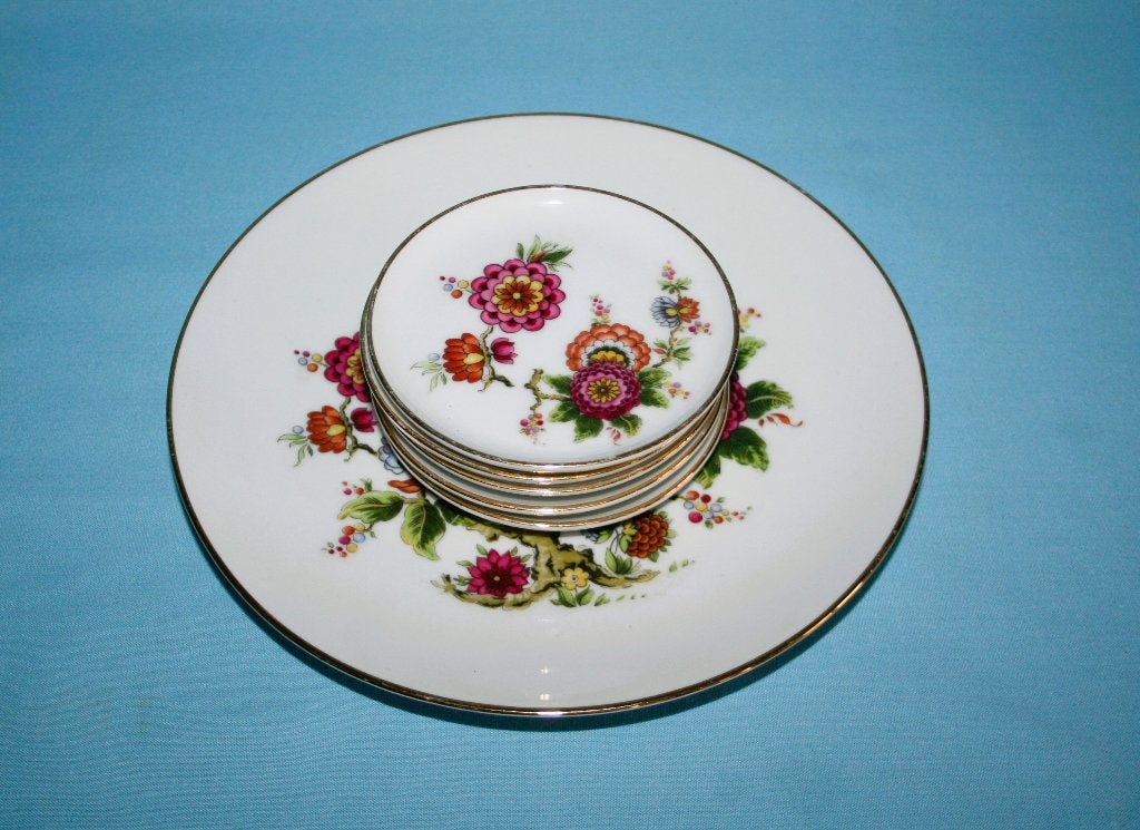 Vintage gebakbord en 5 bordtjes met bloemmotief, Overige merken, Ophalen of Verzenden, Zo goed als nieuw, Onbekend