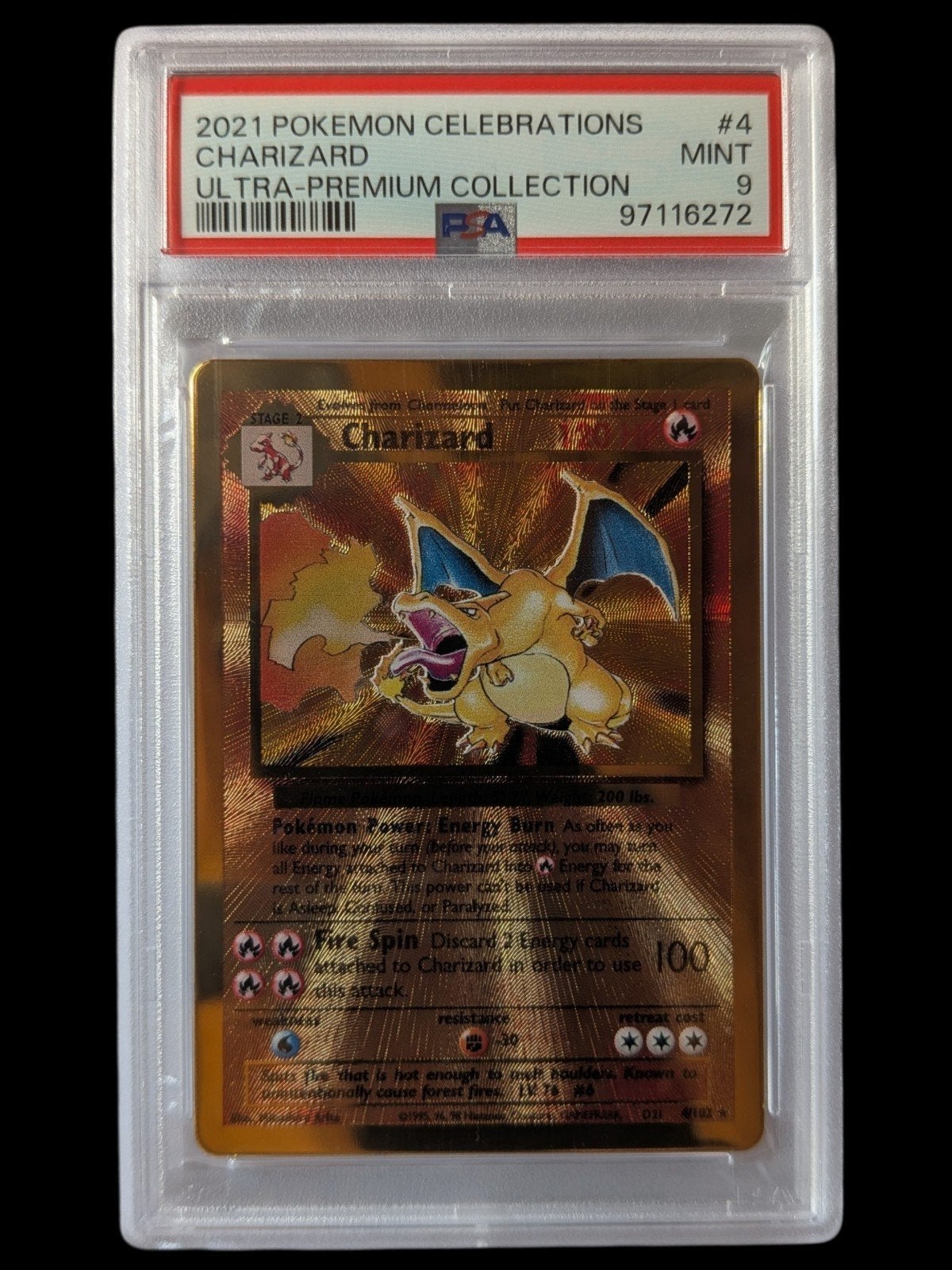 PSA 9 MINT Charizard Gold Metal Card 25th Celebrations, Ophalen of Verzenden, Zo goed als nieuw, Losse kaart, Foil