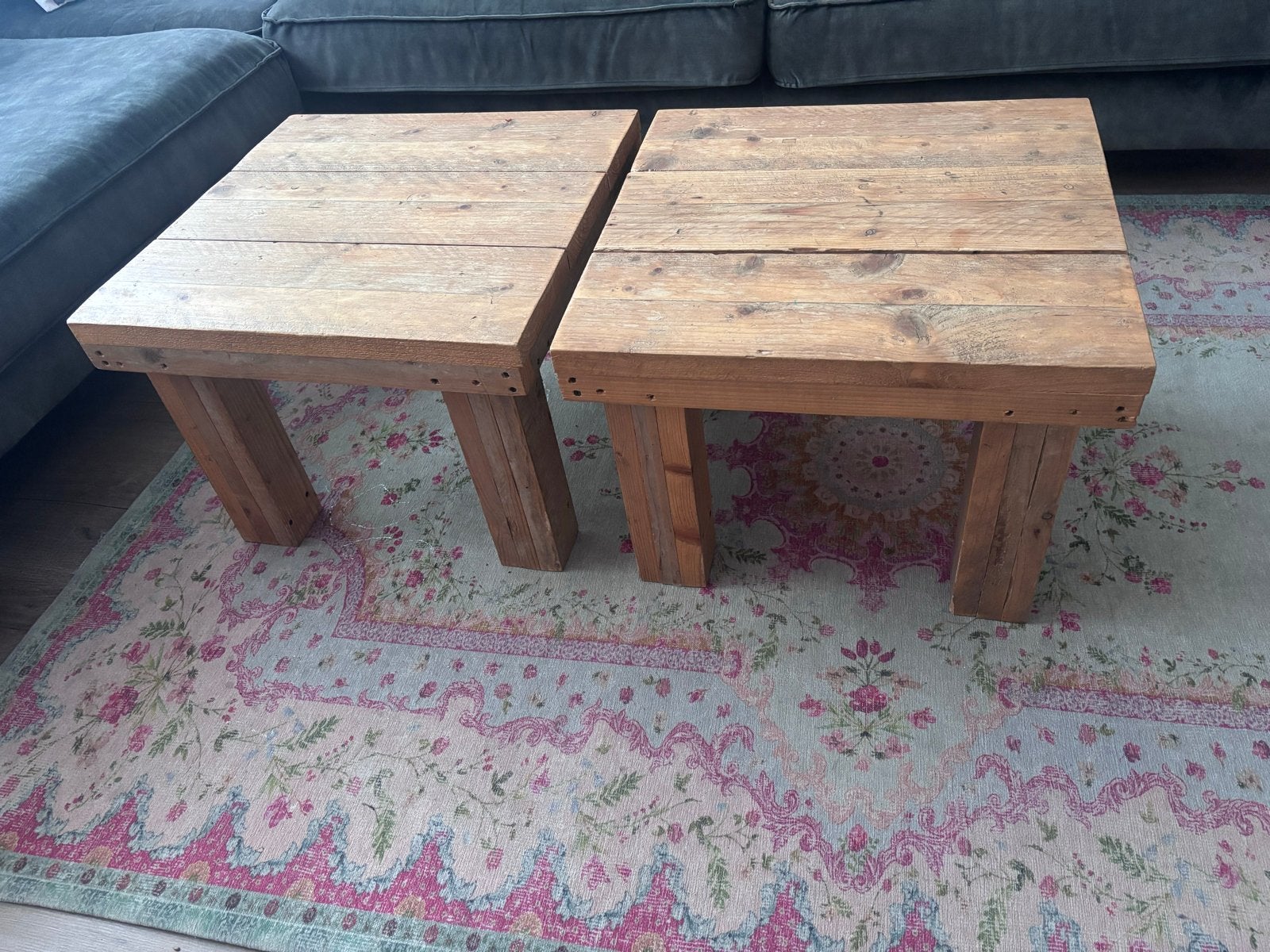 Set van 2 Steigerhouten salon- bijzettafels, Ophalen, Minder dan 50 cm, Gebruikt, 50 tot 100 cm
