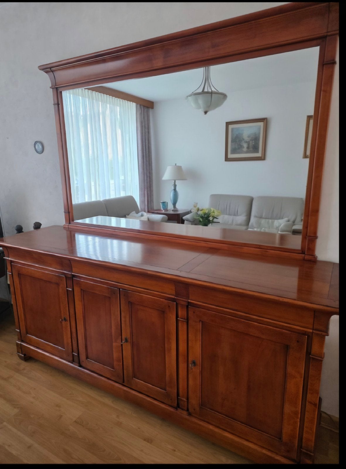 Massief kersen houten dressoir met spiegel - Klassieke stijl, Ophalen, Klassiek, Zo goed als nieuw, 200 cm of meer