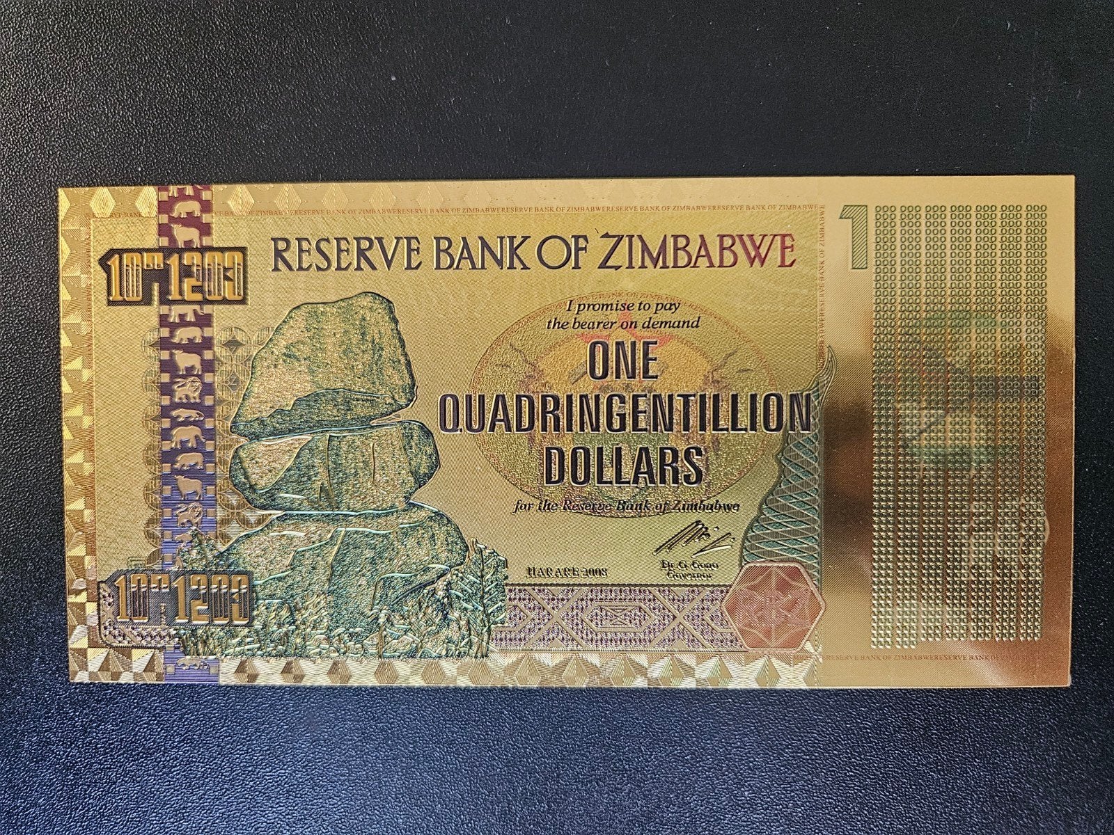 Zimbabwe 1 quadringentillion dollars 2008 UNC goud FANTASY, Ophalen of Verzenden, Zimbabwe, Los biljet