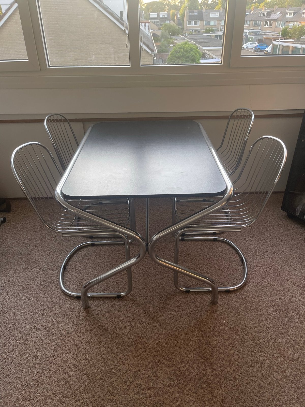 Vintage chromen draadstoelen + tafel (Gastone Rinaldi stijl), Ophalen, Gebruikt, Overige kleuren, Vier