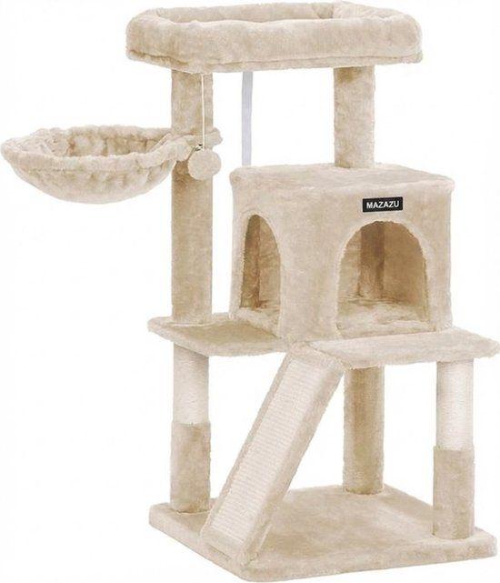 Krabpaal Kat 48x48x96 cm – Beige – Met Trap, Huisje & Mand, Ophalen, Zo goed als nieuw, Krabpaal