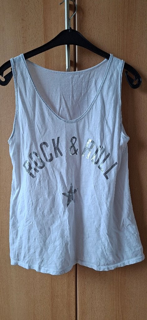 Wit/zilverkleurige Rock & Roll top maat 38/40, Kleding | Dames, Maat 38/40 (M), Wit, Ophalen of Verzenden, Zonder mouw