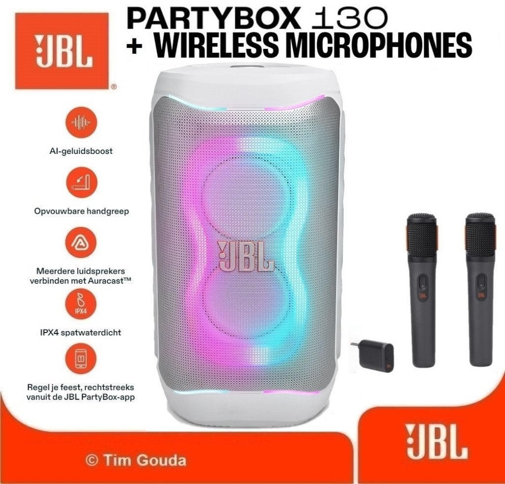 ✅ JBL Partybox 130 Wit + Wireless Microfoon set - NIEUW, Audio, Tv en Foto, 150 watt of meer, JBL, Party speaker, Nieuw