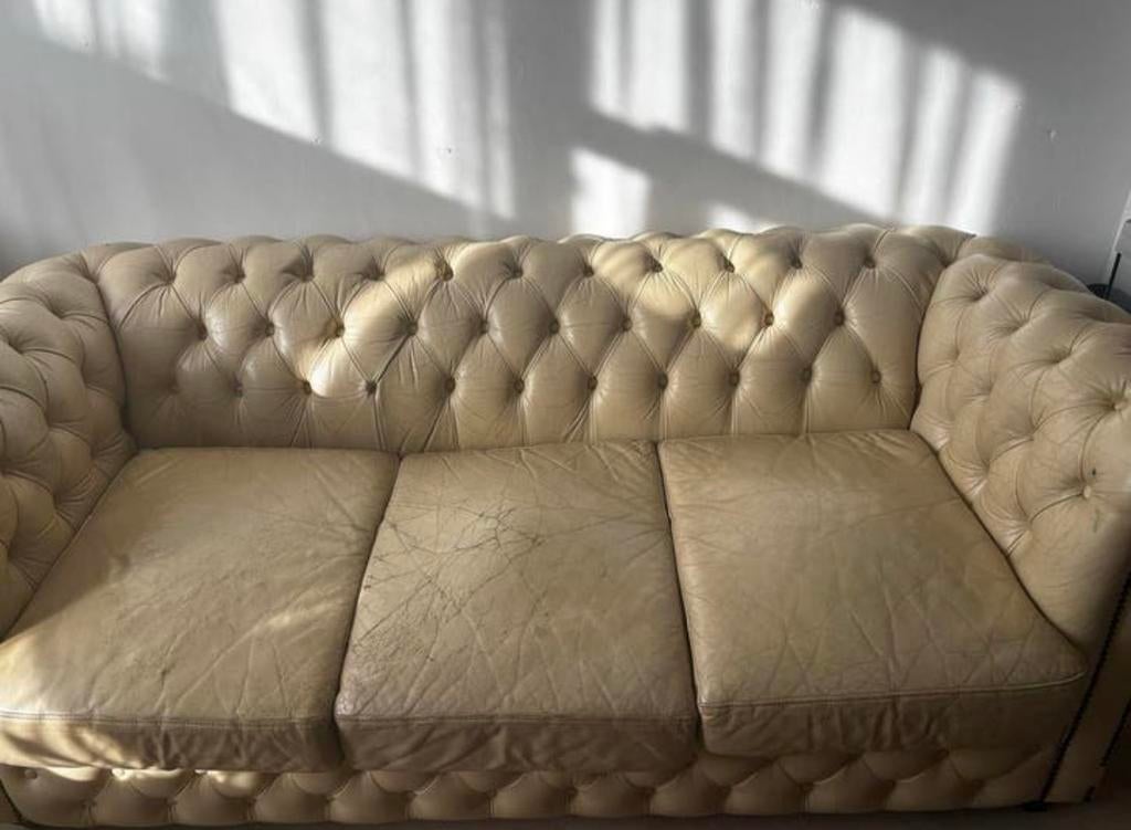 Chesterfield bank 3-zits leer, Ophalen, Gebruikt, Driepersoons, Rechte bank