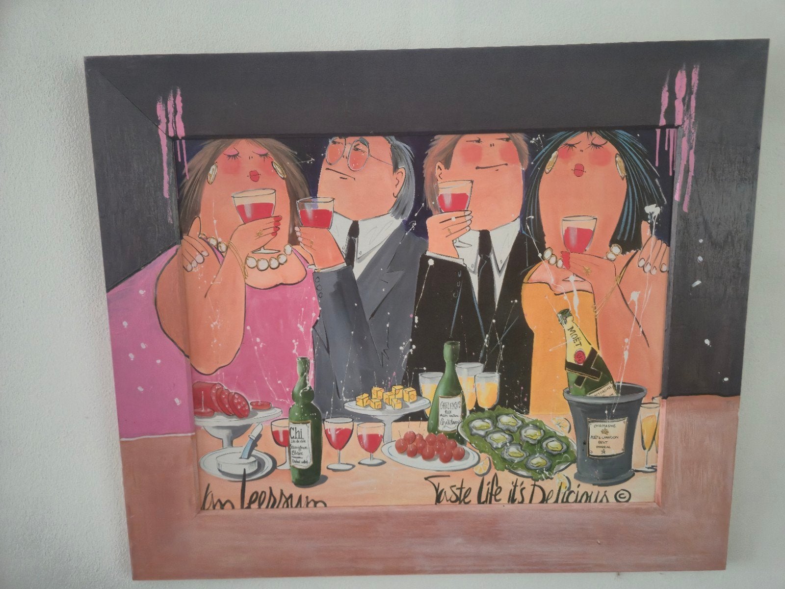 Schilderij 'Taste Life It's Delicious' - Feestelijk tafereel, Antiek en Kunst, Kunst | Schilderijen | Modern, Ophalen, Figuren