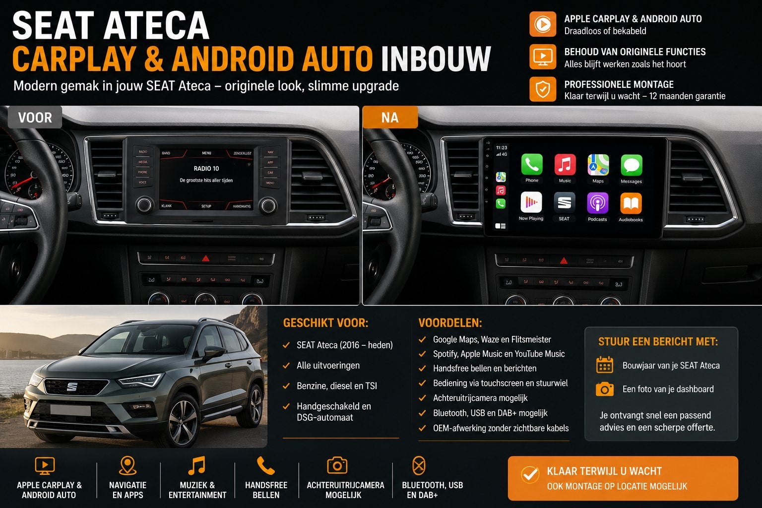 SEAT Ateca CarPlay & Android Auto Inbouw, Auto diversen, Autoradio's, Nieuw, Ophalen